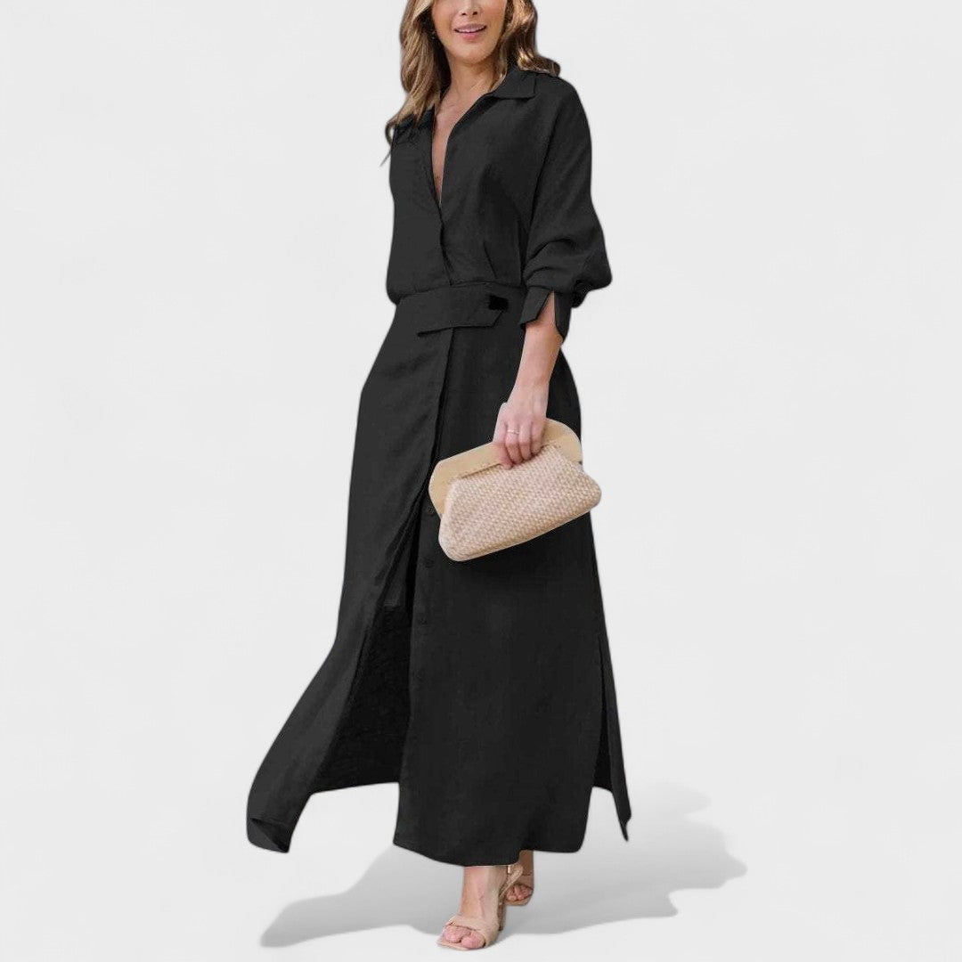 Gordana - Elegantna dolga obleka z V-izrezom za poseben dogodek.