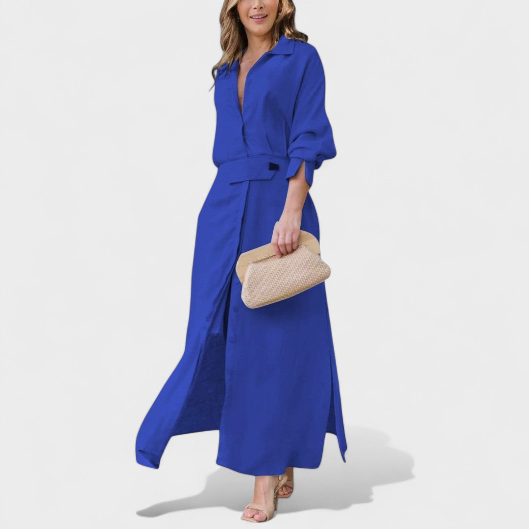 Gordana - Elegantna dolga obleka z V-izrezom za poseben dogodek.