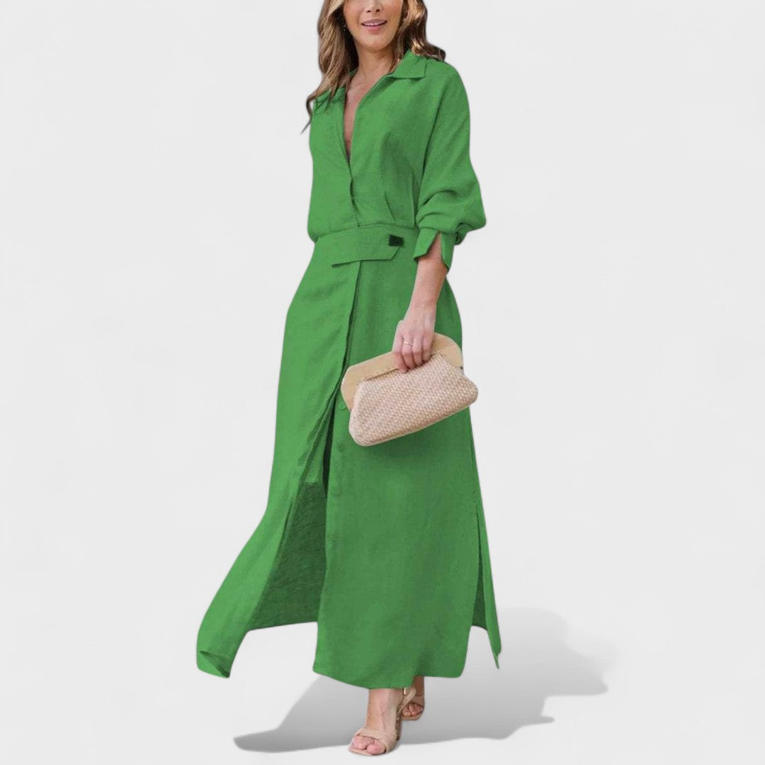 Gordana - Elegantna dolga obleka z V-izrezom za poseben dogodek.