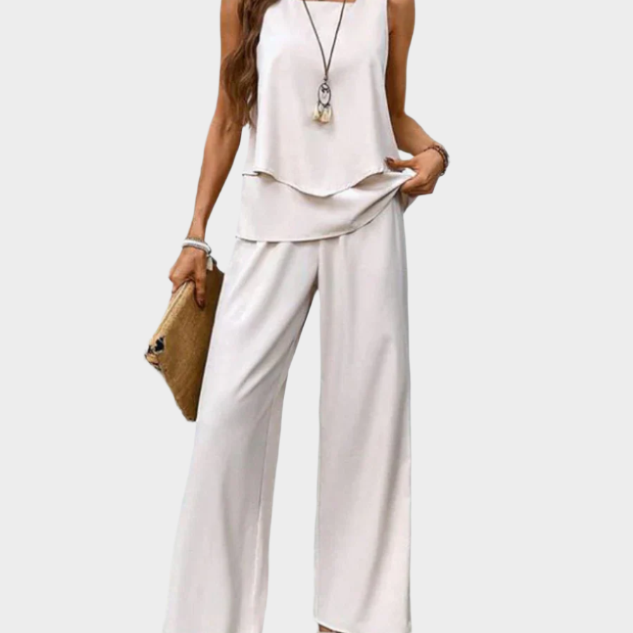 Poletni komplet z brezrokavnikom in širokimi vzorčastimi hlačami