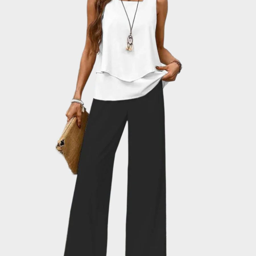 Poletni komplet z brezrokavnikom in širokimi vzorčastimi hlačami