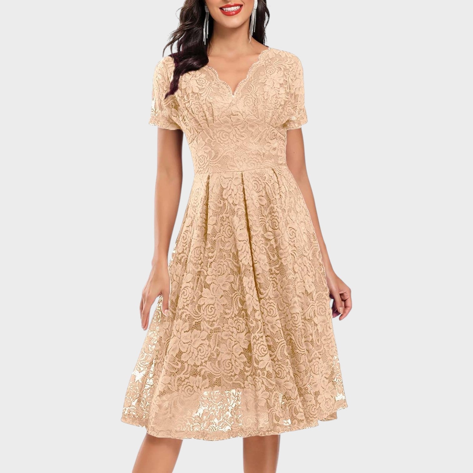 Mara - Obleka z Čipkastim Cvetličnim Motivi