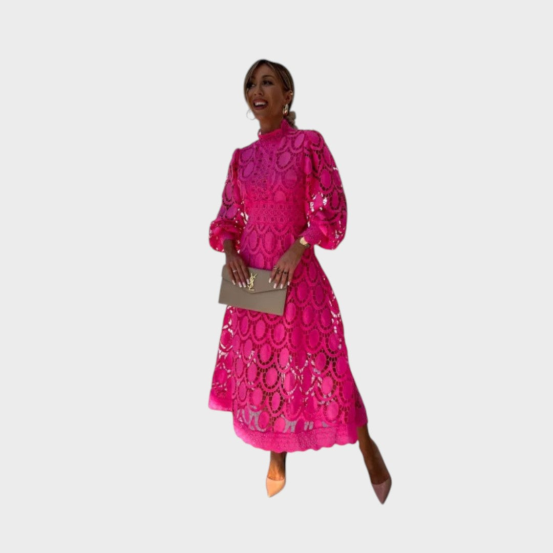 Danica - Čipkasta obleka s pufastimi rokavi in visokim ovratnikom