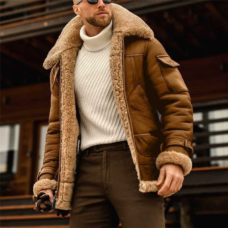 Moška zimska jakna iz umetnega usnja z notranjim flisom