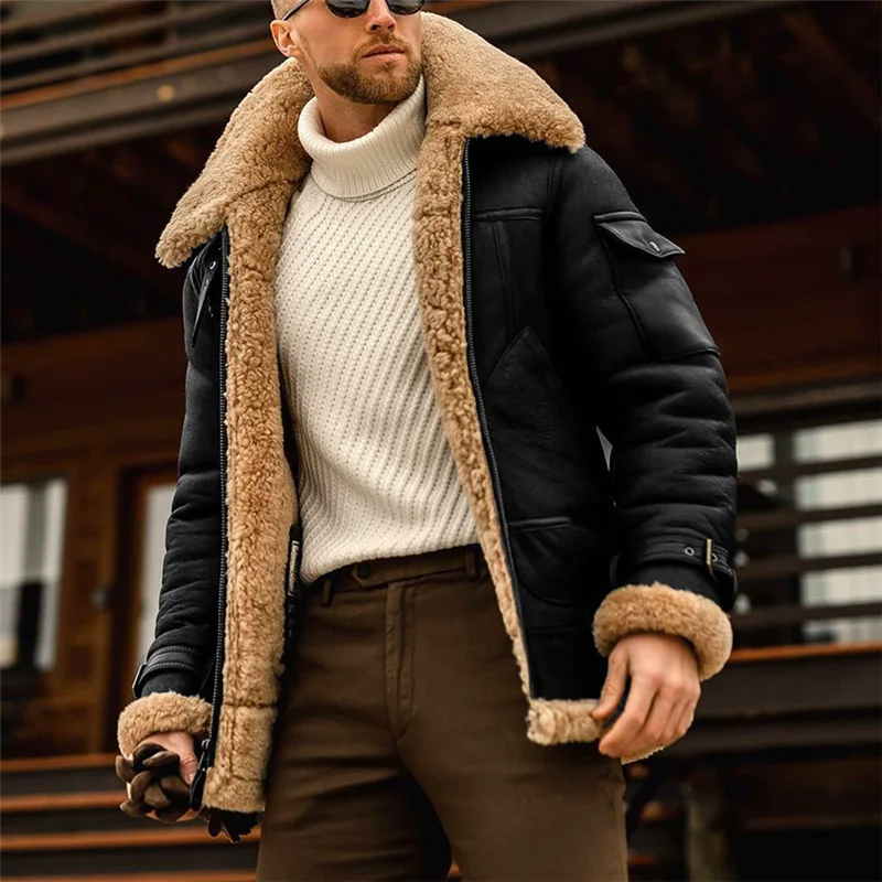 Moška zimska jakna iz umetnega usnja z notranjim flisom