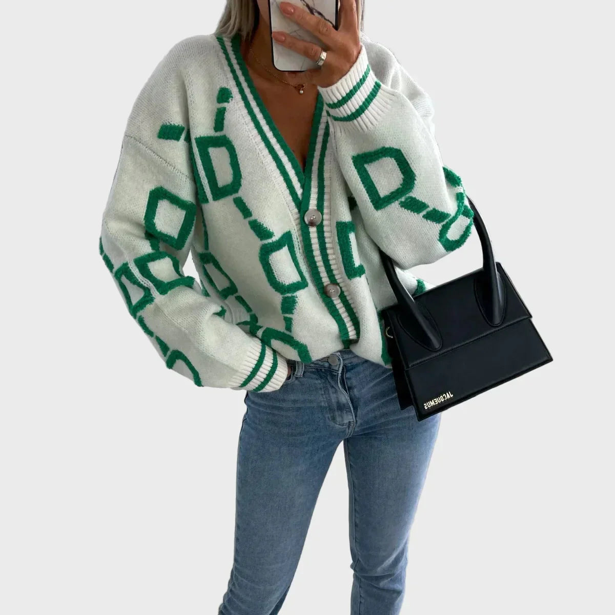 Moderen – Pleteni jopič z geometrijskim motivom