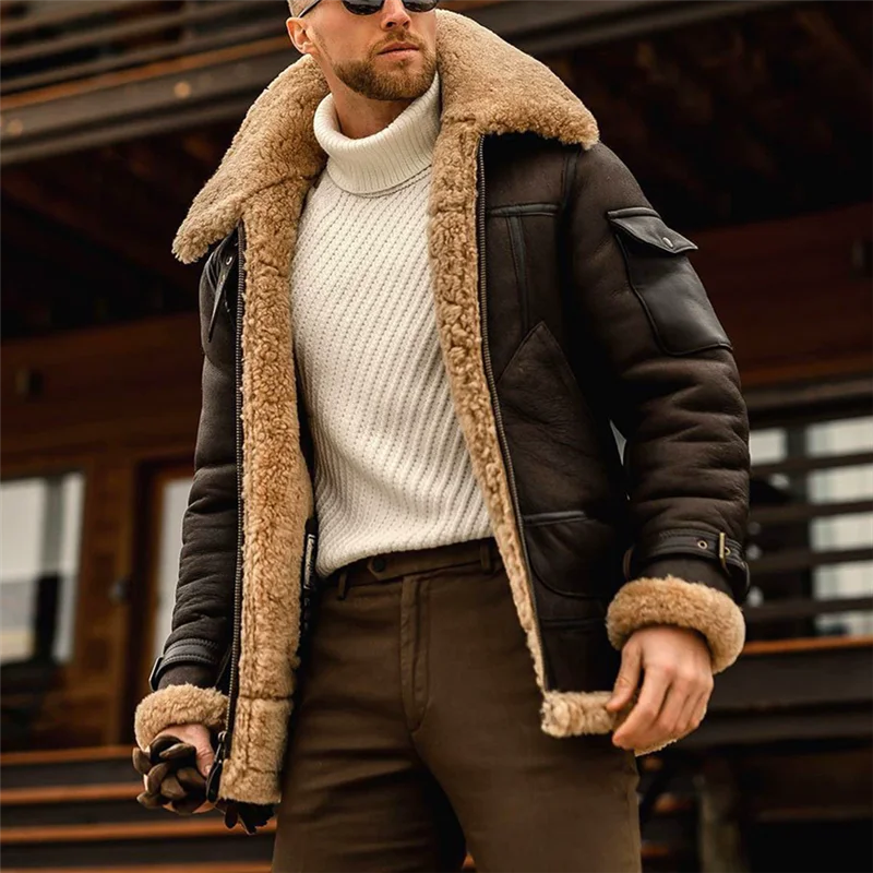 Moška zimska jakna iz umetnega usnja z notranjim flisom