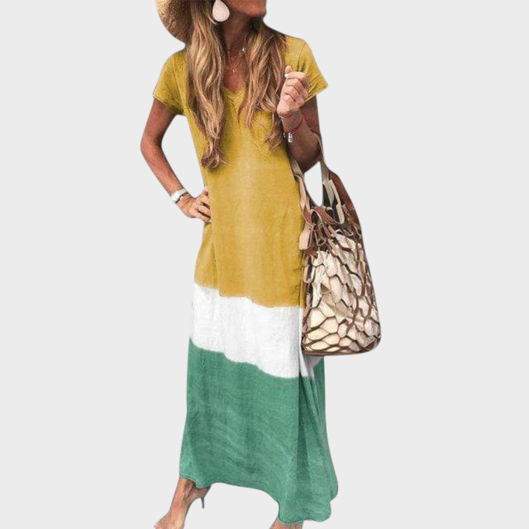 Vanja - Večbarvna Boho Dolga Obleka za Sproščene Priložnosti