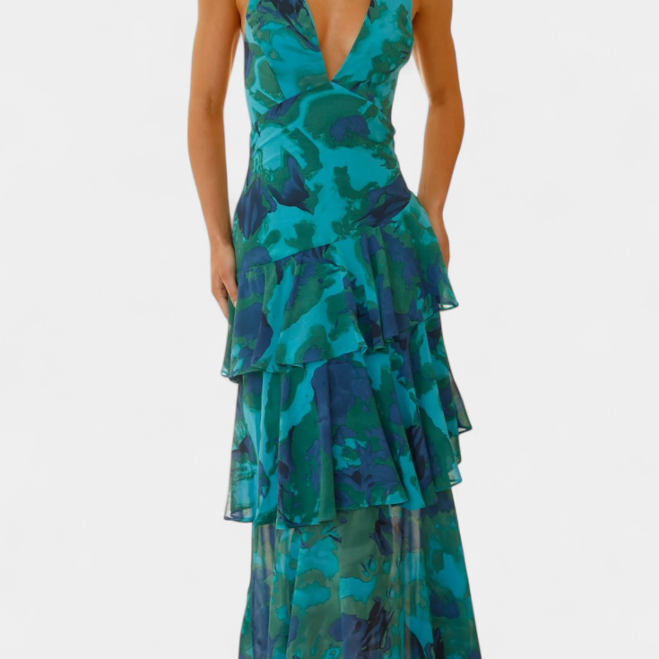 Valentina - Chiffon obleka z V-izrezom in elegantnimi rokavi