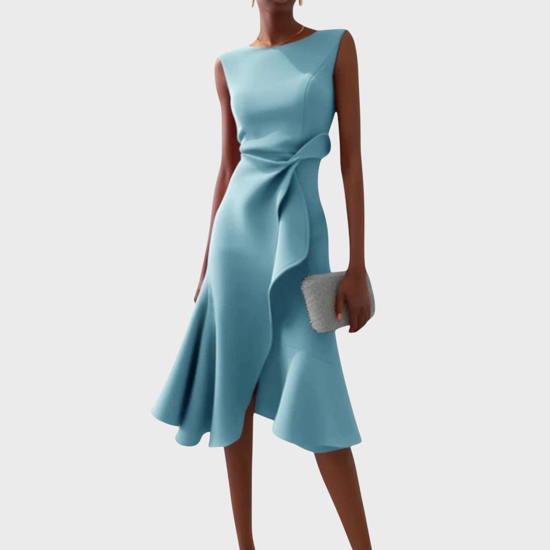 Katarina - Asimetrična Midi Obleka Nabranega Dizajna